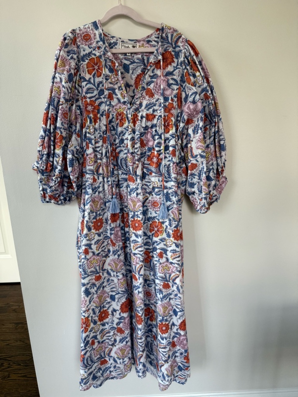 Printed Mille Midi Dress with Tassel Tie - White Multi